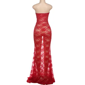 Close-up detail view of a red sheer floral lace strapless maxi dress on a mannequin.