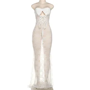 Elegant white strapless long lace dress with front cutout and corset-style lacing detail.