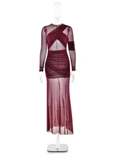 Elegant maroon long sleeve mesh maxi dress with ruched details and cut-outs
