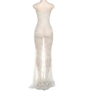 Detailed back view of an elegant white lace see-through tube top maxi dress for women