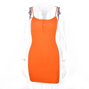 Front view showing the details of a sexy orange ribbed bodycon mini dress with buttons