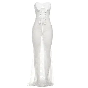 Detailed view of white sheer lace strapless maxi dress with front lace-up design