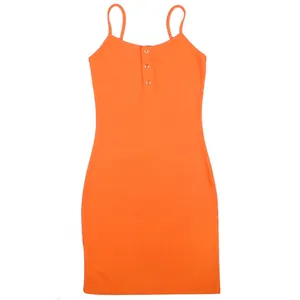Detail view of an orange ribbed bodycon slip dress with spaghetti straps and buttons.