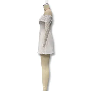 Side view of elegant off-shoulder white dress featuring delicate lace long sleeves.