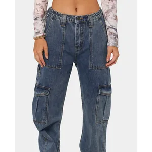 Damen Cargo-Jeans mit hoher Taille, Gummibund und vielen Taschen, weites Bein