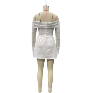 Back view of elegant white off-shoulder lace mini dress with jacquard detail