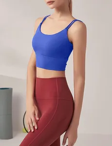 Professional side view of blue quick-dry sports bra and red yoga leggings on model