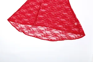 High-quality close-up detail of floral pattern on the hem of a red lace mesh dress