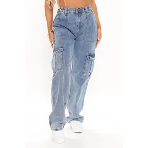 Damen High Waist Cargo Jeans mit elastischem Bund, weitem Bein und vielen Taschen
