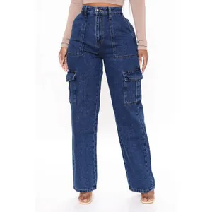 Modische Damen Cargo-Jeans mit hoher Taille in Dunkelblau, weitem Bein und funktionalen Taschen
