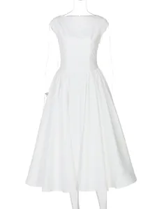 Front view of an elegant white French style high waist dress with cap sleeves and flared skirt