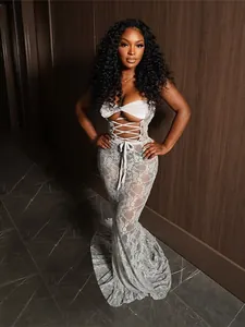 Elegant white lace tube top maxi dress featuring a sexy hollow lace-up front design