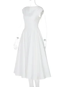 Detailed view of elegant white French style sleeveless midi dress with flared skirt