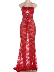 Elegant red lace strapless maxi dress featuring sexy cutout lace-up design and sheer floral hem
