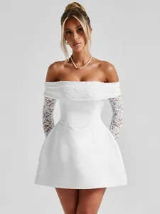 Elegant white off-the-shoulder lace mini dress with long sleeves and pleated skirt