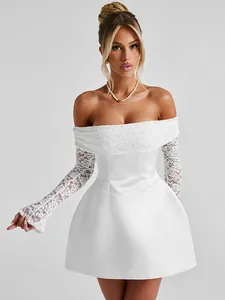 Elegant white off-the-shoulder lace jacquard mini dress with a cinched waist and puffy skirt