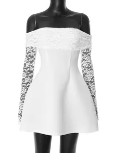 Elegant off-the-shoulder white mini dress with floral lace detailing and flared skirt outfit