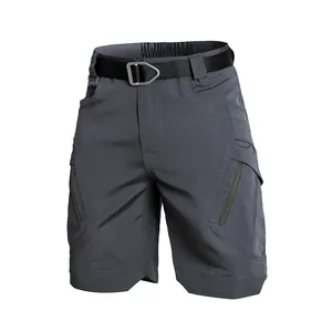 Detailed view of dark grey outdoor tactical cargo shorts with utility pockets and belt.