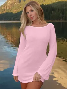 Women Summer Lace Up Backless Hollow Out Dress Bell Flare Sleeve Sexy Slim Fit Casual Mini Dress Bodycon Sundress