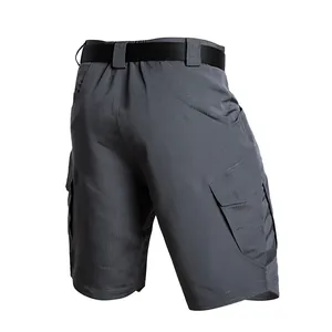 Detailed back view of grey tactical cargo shorts with ripstop fabric texture