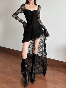 Abito Elegante Irregolare in Mesh Jacquard da Donna Manica a Campana Vita Arricciata Orlo Alto Basso Abbigliamento Festa