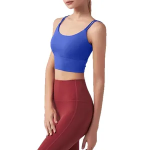 High-performance blue quick-dry sports bra with double thin straps and a slim fit design