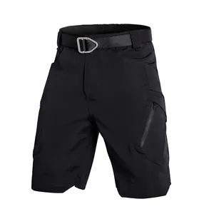 Detail shot of black tactical cargo shorts with a sturdy belt and zipper pocket.