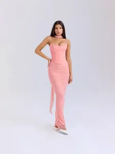 Completo Donna Sopra E Sotto Gonna Lunga Bodycon Top Senza Spalle Increspato Con Sciarpa Decorativa Elegante Tinta Unita Poliestere