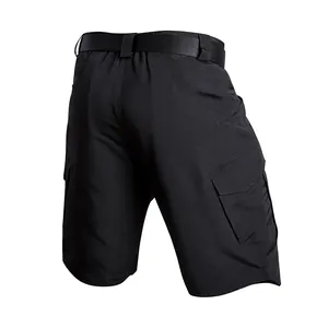 Rear view of black tactical cargo shorts showing durable ripstop fabric and pockets