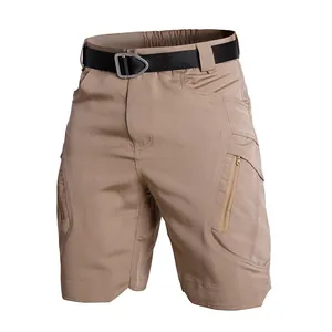 Close-up detail of men's khaki outdoor cargo shorts with multi-pockets and a tactical belt