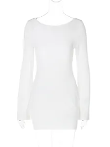 Detailed front view of a white mini dress featuring long bell sleeves and a slim fit cut