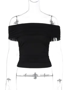 Elegant black off-the-shoulder crop top with pleated fold-over neckline and slim fit design