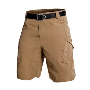 Detail view of khaki men's outdoor tactical cargo shorts featuring a black nylon belt.