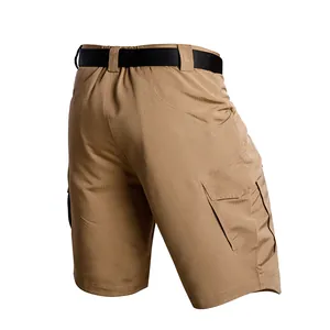 Detailed back view of khaki men's tactical cargo shorts featuring a multi-pocket design