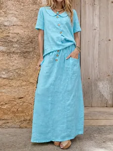 Summer light blue cotton linen two-piece set featuring short sleeve top and long skirt