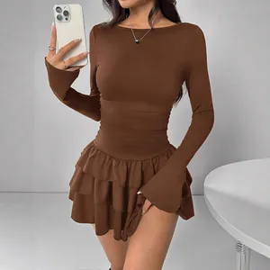 Women Elegant Solid Color Ruched Mini Dress Slim Fit Long Sleeve Round Neck Acid Wash Ruffle Tiered Hem Polyester Dress