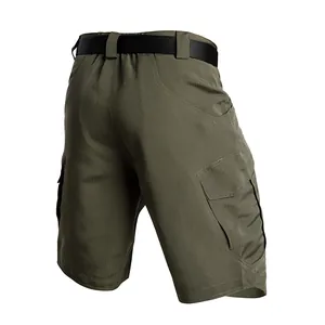 Rear view detail of olive green tactical cargo shorts with durable ripstop fabric
