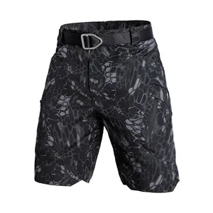 Men's waterproof black camo tactical cargo shorts with multi-pockets and belt detail