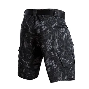 Rear view of durable men's camouflage tactical cargo shorts featuring multi-pocket design