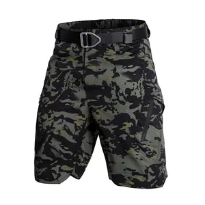 Men's outdoor camouflage tactical cargo shorts with belt and zipper pocket detail