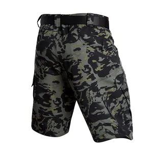 Detailed back view of men's durable camouflage tactical cargo shorts with multi-pockets