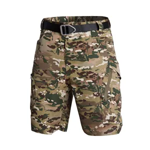 Detailed view of men's camouflage tactical cargo shorts with multi-pockets and belt