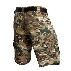 Detail view of durable multicam tactical cargo shorts with side pockets and belt