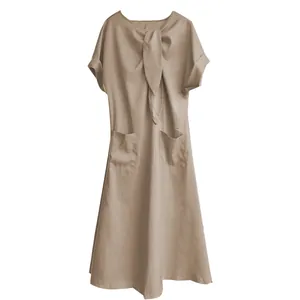 Élégante robe longue ample à manches courtes kaki avec nœud et grandes poches