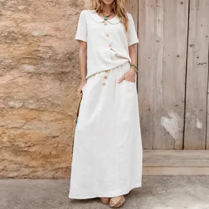 Relaxed fit cream cotton linen two-piece set with a button-down shirt and long skirt