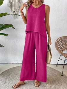 Casual magenta two-piece set featuring a sleeveless top and wide-leg pants on a model