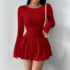 Elegant red long sleeve slim fit mini dress with tiered ruffle skirt for women