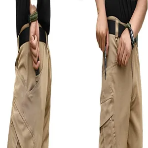 Close-up detail of the durable multi-pocket design on men's khaki outdoor tactical cargo shorts.