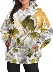 Detailed view of women's oversized hoodie with autumn maple leaf print and front pocket.