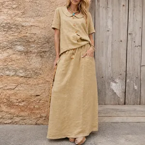 Bohemian khaki cotton linen two-piece set with button-down shirt and long maxi skirt